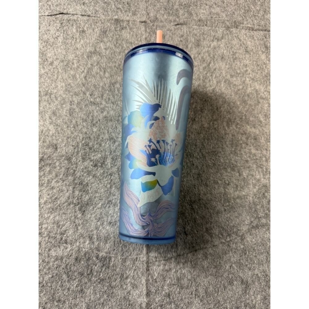 Starbucks Tumbler Frosted Blue Floral 24oz Cold Cup with Straw&Lid - Picture 3 of 7
